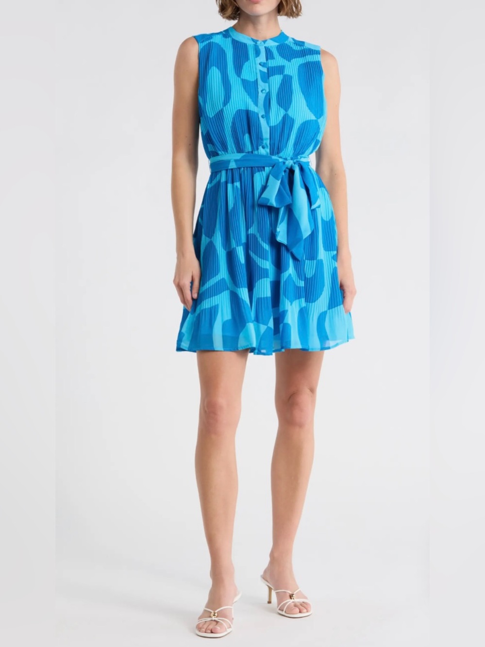Sam Edelman Blue Two-Tone Abstract Pleated Dress